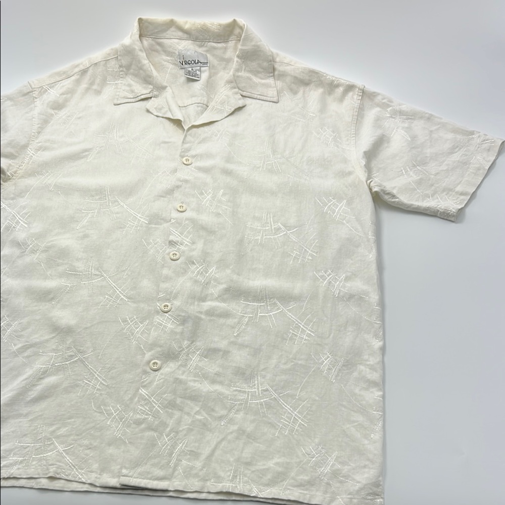 Virgola Men's Button Down Shirt XL Linen Short Sleeve Collared Vintage Beige